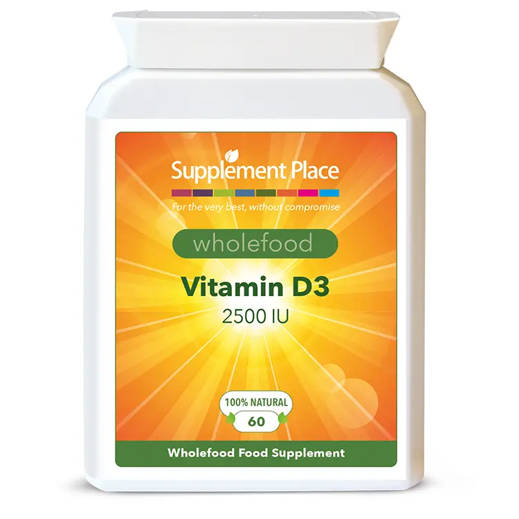 Wholefood Vitamin D3 capsules providing 2500 IU per capsule in a letterbox friendy pot. Front label