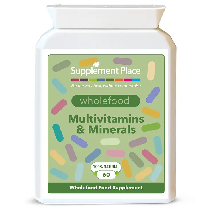 Wholefood multivitamins and minerals capsules providing 23 vitamins and minerals sourced from fruits and vegetables. Nothing synthetic! Front label.