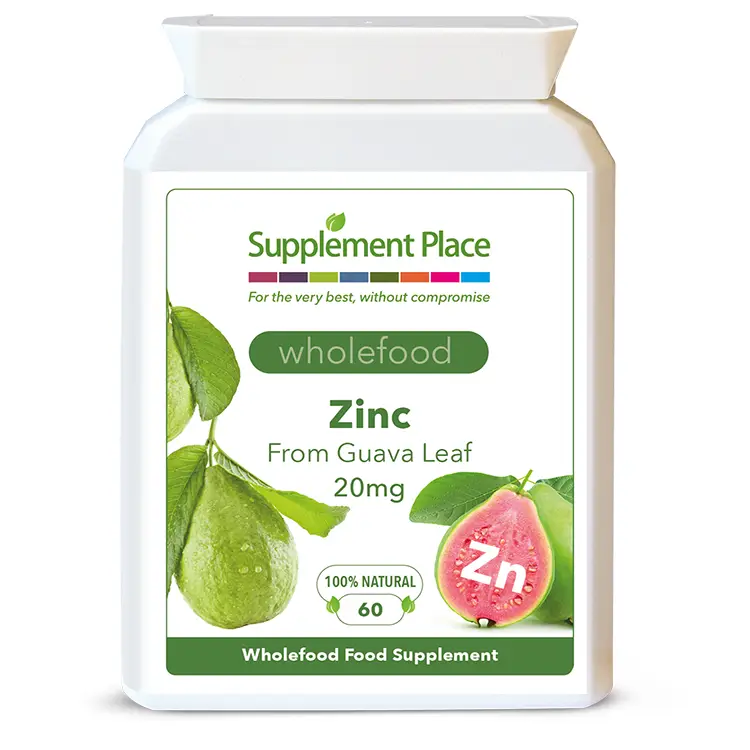 Wholefood Zinc supplied in 500mg capsules of guava leaf extract providing 20mg of elemental zinc. Front label.