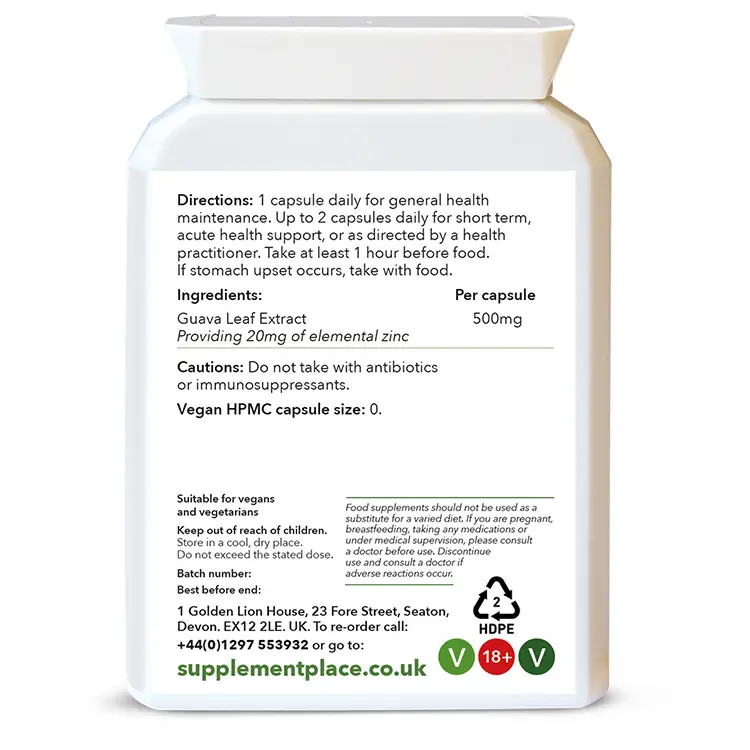 Wholefood Zinc supplied in 500mg capsules of guava leaf extract providing 20mg of elemental zinc. Rear label.