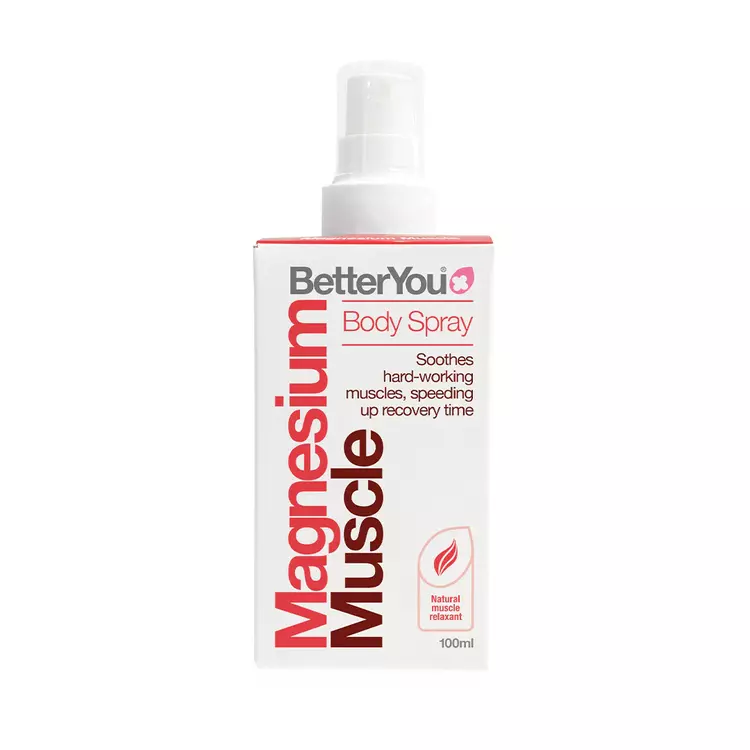 BetterYou Magnesium Muscle Body Spray 100ml. Magnesium citrate combined with essential oils to be applied to the skin to relieve aching muscles. 10 sprays delivers 150mg of magnesium