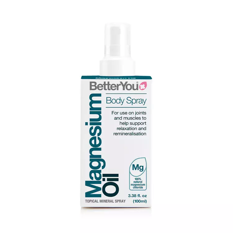 BetterYou Magnesium Oil Body Spray 100ml. 100mg (28% NRV) magnesium citrate for every 10 sprays. To be applied to the skin.