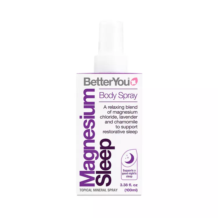 BetterYou Magnesium Sleep Body Spray 100ml. Magnesium chloride and essential oils to be applied to the skin. 75mg of Magnesium supplied per 10 sprays.