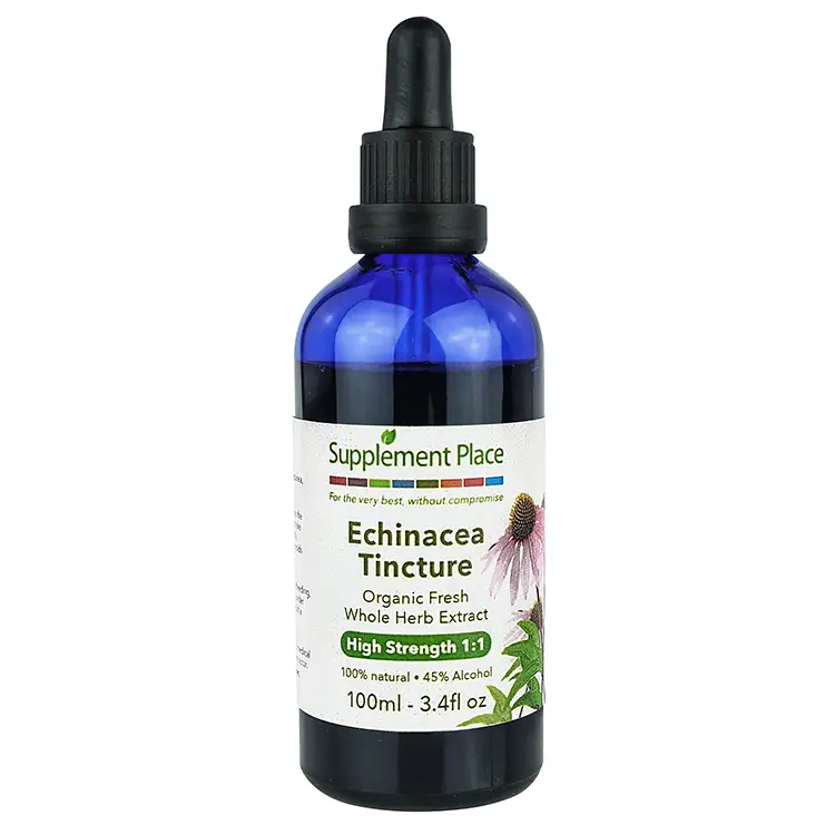 Echinacea Tincture. Organic fresh whole herb extract, high strength 1:1, 45% alcohol. 100ml Bottle