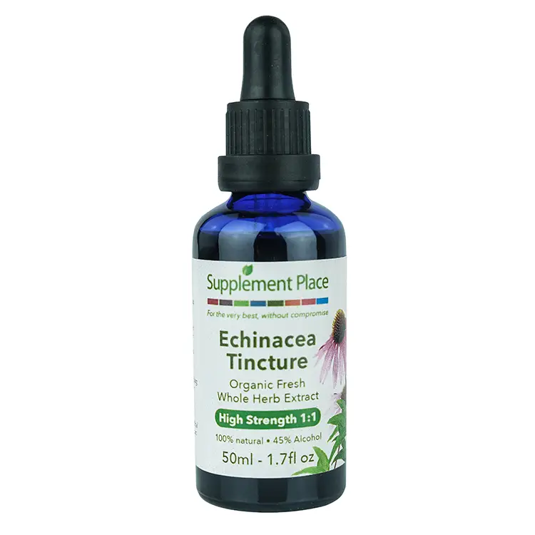 Echinacea Tincture. Organic fresh whole herb extract, high strength 1:1, 45% alcohol. 50ml Bottle