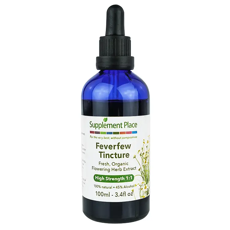 Feverfew Tincture. Fresh, organic flower herb extract, high strength 1:1, 45% alcohol. 100ml Bottle.