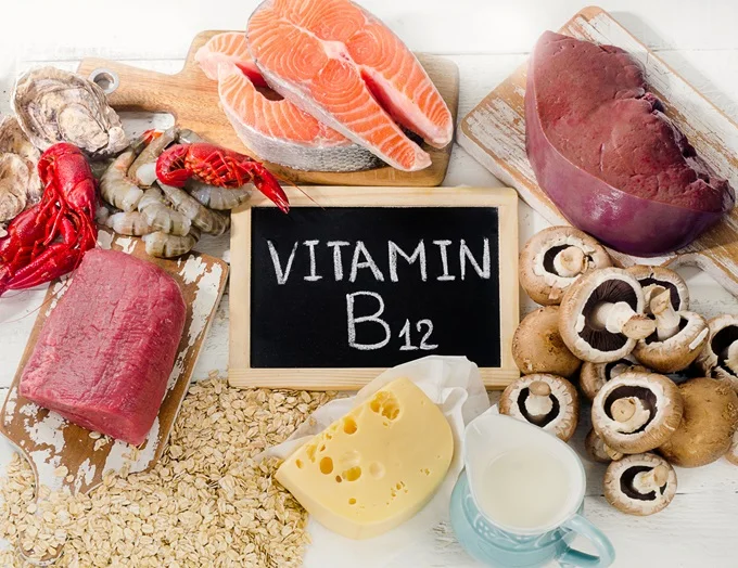 Vitamin B12 foods include meat, fish and cheese.