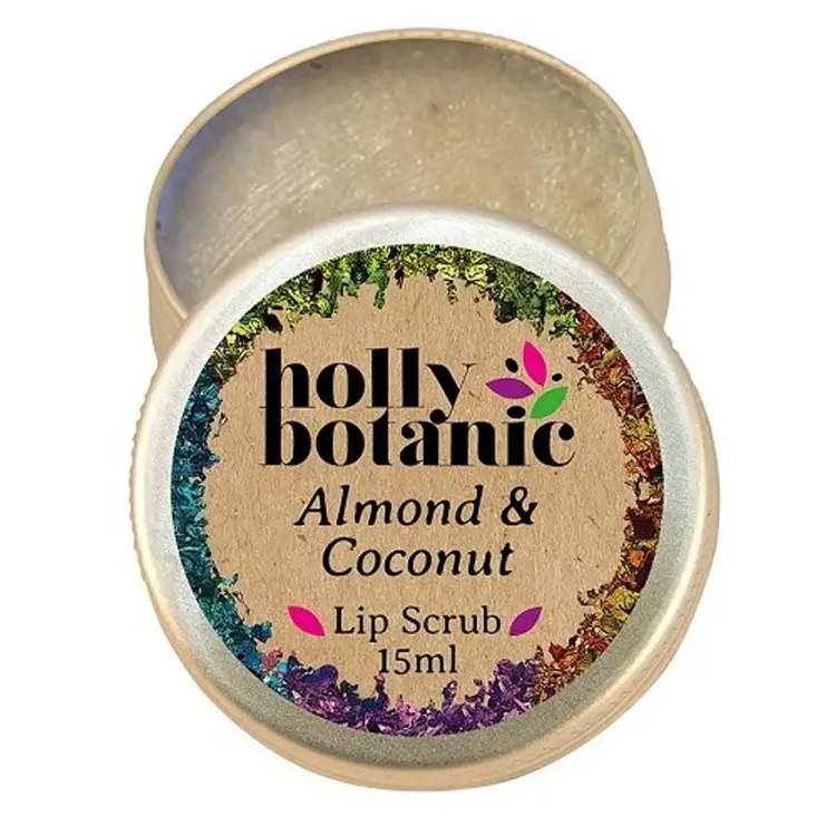 Holly Botanic almond and coconut lip scrub pot image open. 15ml recyclable, aluminium tin.