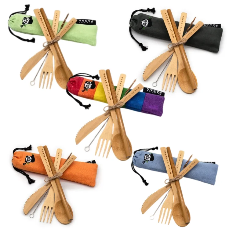 Bamboo Compact cutlery set category image. Knife, fork, spoon, straw and cleaning brush in a draw-string pouch. Choice of 5 colours. Biodegradable, compostable and plastic-free.