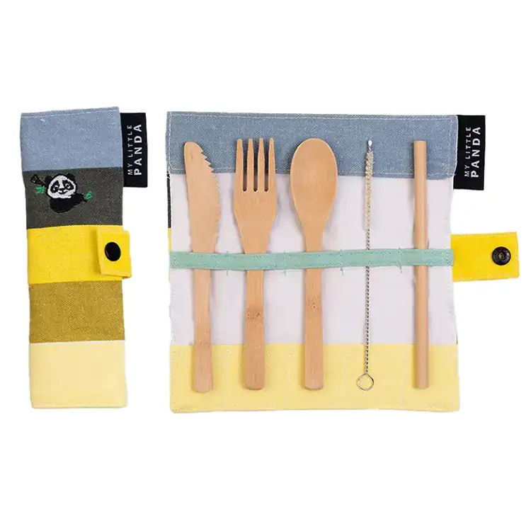 Kid's Bamboo Cutlery Set, banana split colour. Knife, fork, spoon, straw and cleanin brush in a roll-up pouch. Biodegradable, compostable and palstic-free.