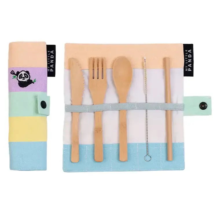 Kid's Bamboo Cutlery Set, candy colour. Knife, fork, spoon, straw and cleanin brush in a roll-up pouch. Biodegradable, compostable and palstic-free.