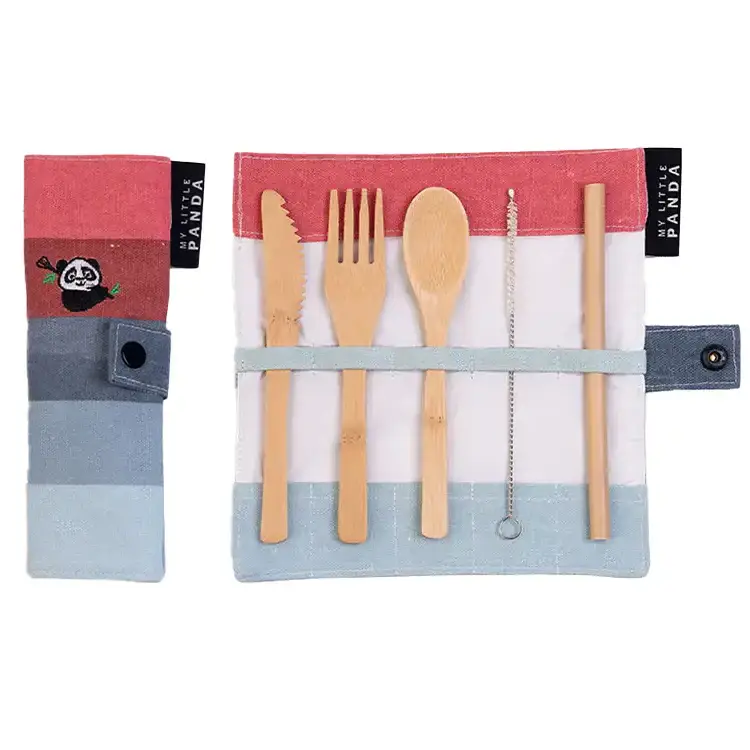 Kid's Bamboo Cutlery Set, kazuma colour. Knife, fork, spoon, straw and cleanin brush in a roll-up pouch. Biodegradable, compostable and palstic-free.