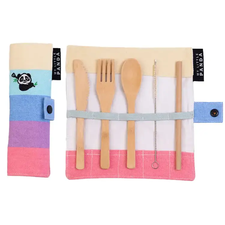 Kid's Bamboo Cutlery Set, unicorn colour. Knife, fork, spoon, straw and cleanin brush in a roll-up pouch. Biodegradable, compostable and palstic-free.