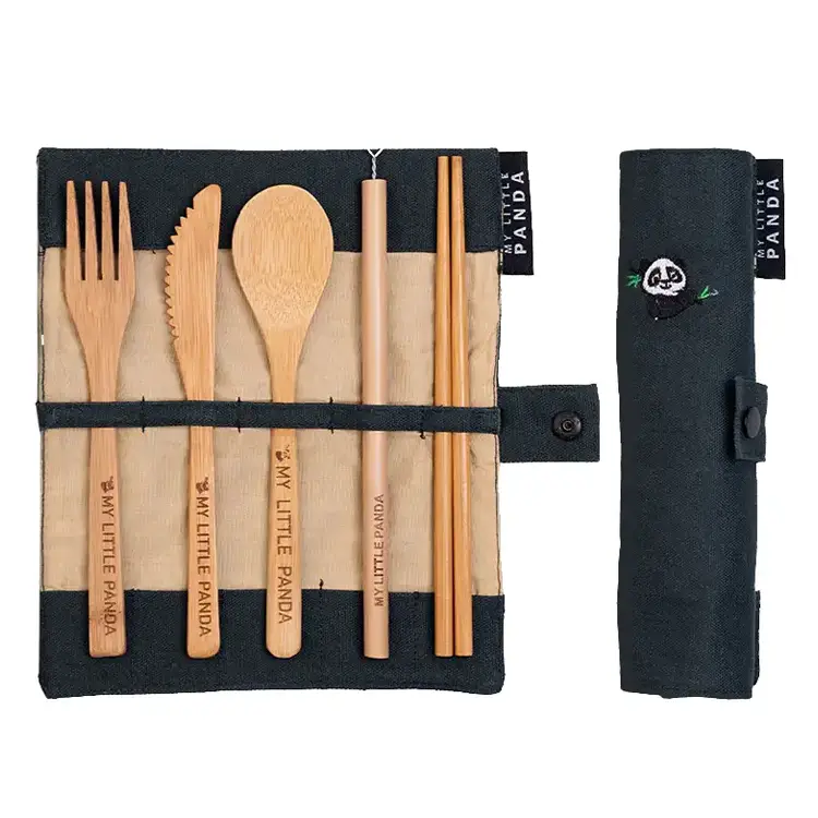 Bamboo cutlery set, midnight colour. Knife, fork, spoon, straw, shopsticks and cleaning brush in a roll-up carry case. Biodegradable, composable and plastic-free.