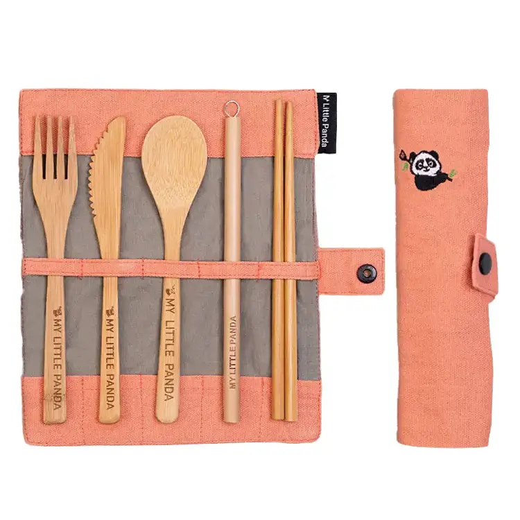 Bamboo cutlery set, peach colour. Knife, fork, spoon, straw, shopsticks and cleaning brush in a roll-up carry case. Biodegradable, composable and plastic-free.