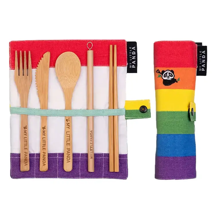Bamboo cutlery set, rainbow colour. Knife, fork, spoon, straw, shopsticks and cleaning brush in a roll-up carry case. Biodegradable, composable and plastic-free.