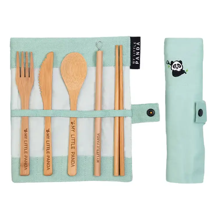 Bamboo cutlery set, turquoise colour. Knife, fork, spoon, straw, shopsticks and cleaning brush in a roll-up carry case. Biodegradable, composable and plastic-free.