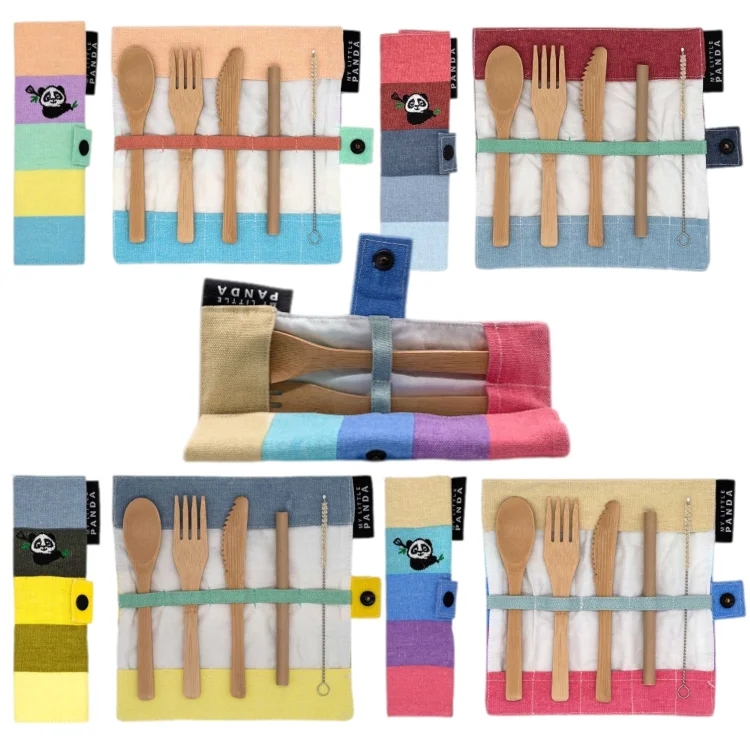 Kids bamboo cutlery set caegory image. Knife, fork, spoon, straw and cleaning brush in a roll-up pouch. Choice of 4 colours. Biodegradable, compostable and plastic-free.
