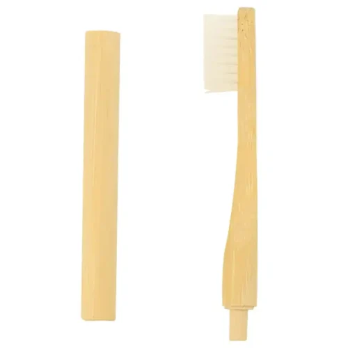 Bamboo toothbrush, head and spine detached. 100% plant based toothbrush in case.