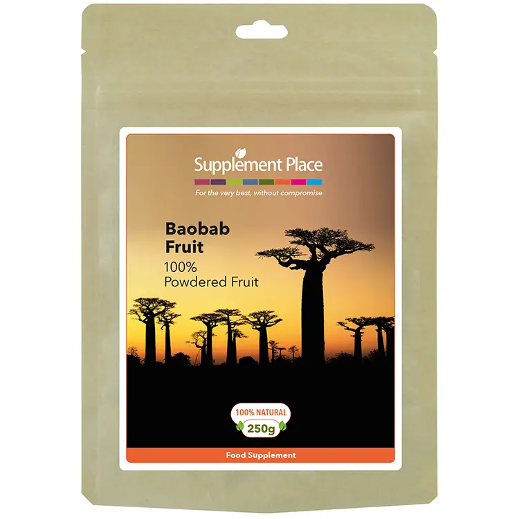 100% organic baobab fruit powder pouch front. 250g, 500g or 1kg recyclable pouch and scoop.