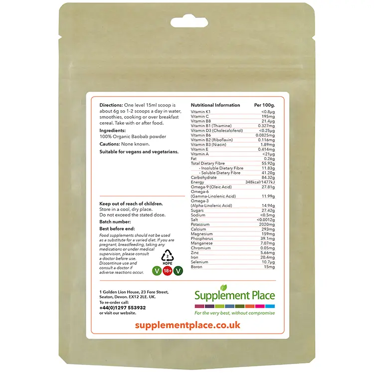 100% organic baobab fruit powder pouch rear. 250g, 500g or 1kg recyclable pouch and scoop.
