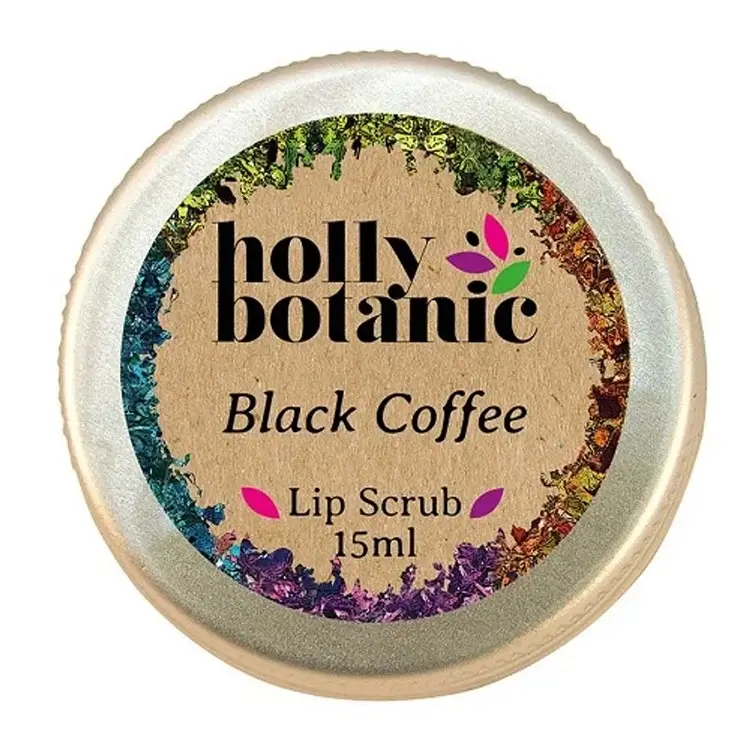 Holly Botanic black coffee lip scrub pot image closed. 15ml recyclable, aluminium tin.