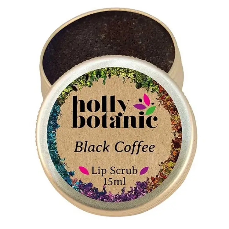 Holly Botanic black coffee lip scrub product image open. 15ml recyclable, aluminium tin.