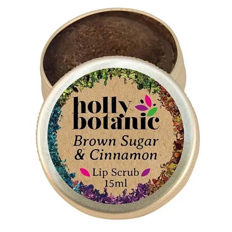 Holly Botanic brown sugar lip scrub product image open. 15ml recyclable, aluminium tin.