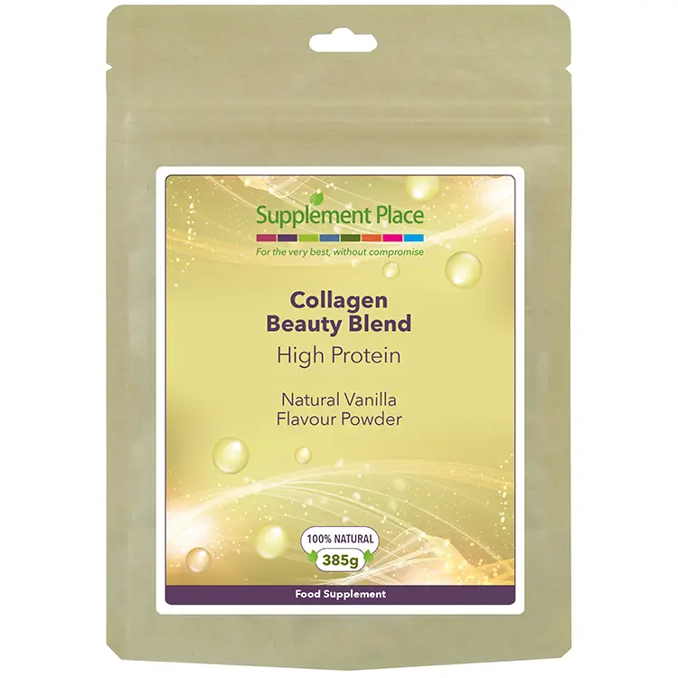 Collagen Beauty Blend Powder pouch front. Hydrolysed marine collagen peptides, hyaluronic acid and TetraSOD® with natural vanilla flavouring. 30 days supply.
