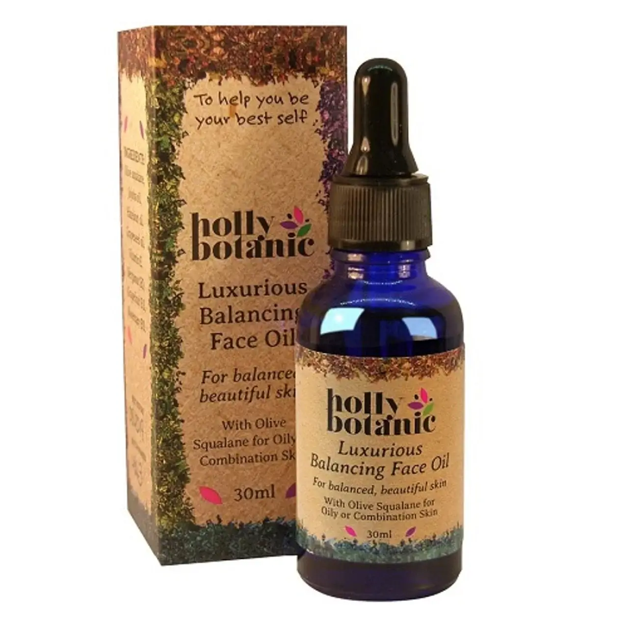 Holly Botanic balancing face oil box and bottle. 30ml glass bottle with pipette and box.