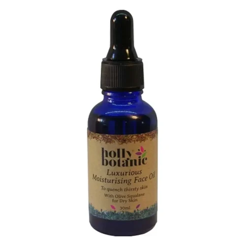 Holly Botanic moisturising face oil bottle. 30ml glass bottle with pipette.