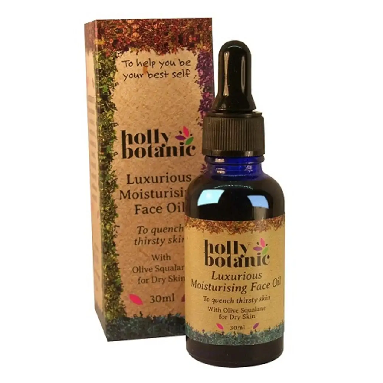 Holly Botanic moisturising face oil bottle and box. 30ml glass bottle with pipette and box.