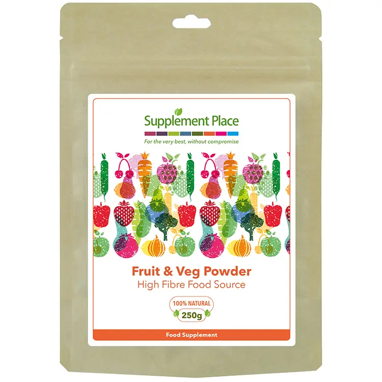 Fruit & Veg Powder Pouch Front. Blend of berries, greens and root vegetables. 250g recyclable pouch.