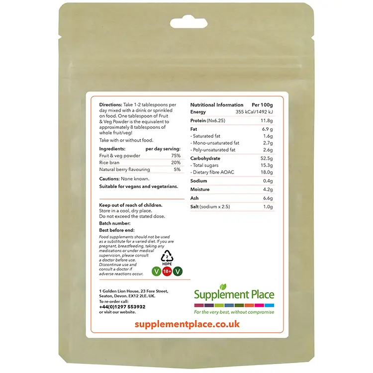 Fruit & Veg Powder Pouch Rear. Blend of berries, greens and root vegetables. 250g recyclable pouch.