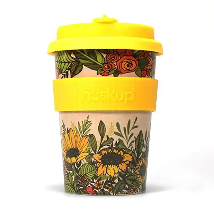 Huskup rice husk travel cup, sunflower design. 400ml capacity.