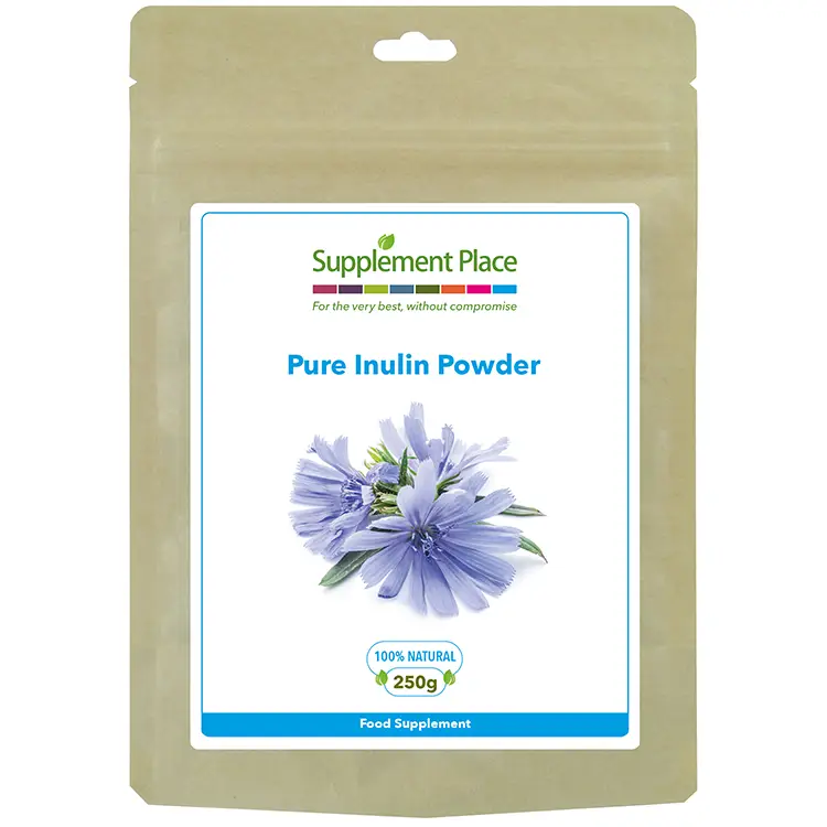 Inulin Powder pouch front. 100% pure inulin from chicory root. Recyclable pouch.