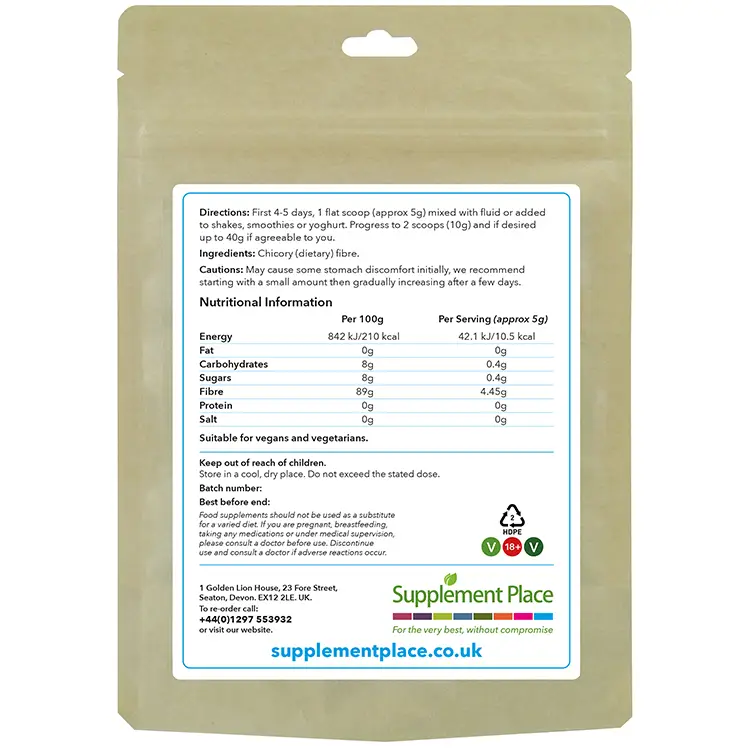 Inulin Powder pouch rear. 100% pure inulin from chicory root. Recyclable pouch.