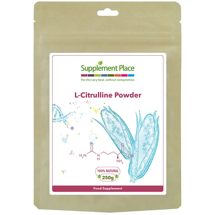 L-Citrulline Powder Pouch Front. Pure L-Citrulline powder from non-GMO corn. Recyclable pouch.