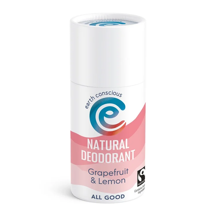 Earth conscious natural stick deodorant, grapefruit & lemon scented. Plastic-free packaging, pure ingredients, 60g.