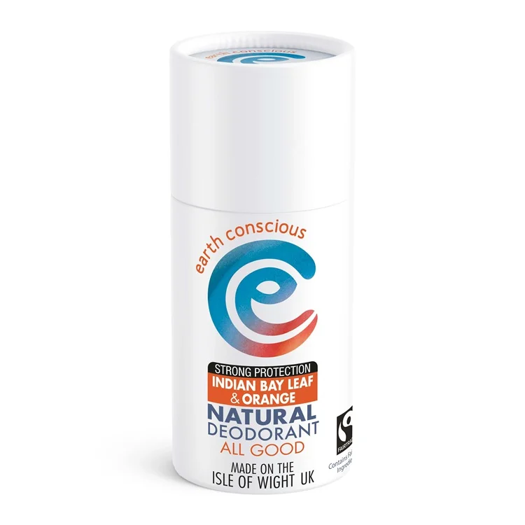 Earth conscious natural stick deodorant, Indian bay and orange scented. Plastic-free packaging, pure ingredients, 60g.