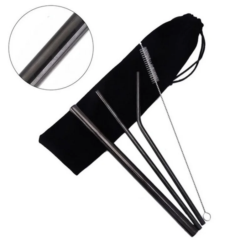 Stainless steel straw set, black. Wide straw, slim straw, curved straw, cleaning brush, carry bag.