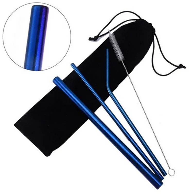 Stainless steel straw set, blue. Wide straw, slim straw, curved straw, cleaning brush, carry bag.
