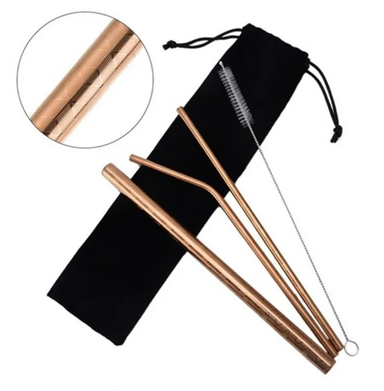 Stainless steel straw set, bronze. Wide straw, slim straw, curved straw, cleaning brush, carry bag.