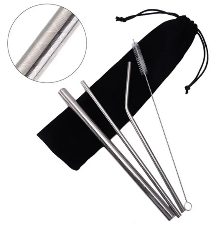 Stainless steel straw set, silver. Wide straw, slim straw, curved straw, cleaning brush, carry bag.