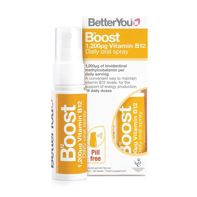 BetterYou B12 Boost oral spray 25ml, 48 daily doses. 1,200μg per daily dose. Natural apricot flavour.