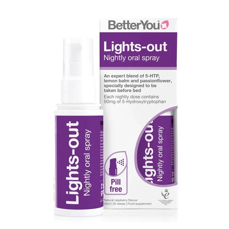 BetterYou Lights Out Oral Spray 50ml. 5-HTP, Lemon Balm, Passionflower. 32 Nightly doses. Natural raspberry flavour.
