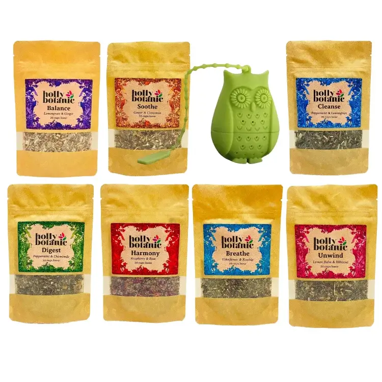 7 Pack Tisane Bundle. 20 cup pouch of 7 Holly Botanic tisanes with a free infuser. Balance, Breathe. Cleanse, Digest, Harmony, Soothe and Unwind herbal tisanes. Recyclable packaging.