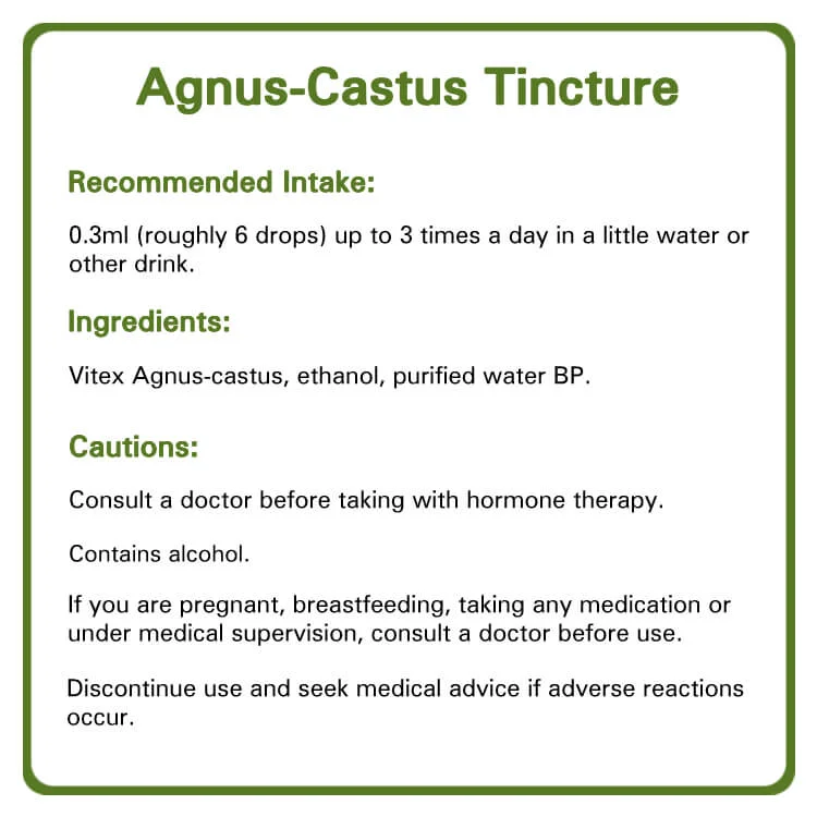 Agnus-castus tincture detailed information. Recommended intake, ingredients and cautions.