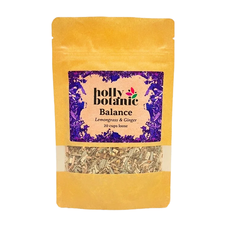 Balance tisane by Holly Botanic, lemongrass and ginger for stress and fatigue, 20 cup loose. Recyclable packaging.