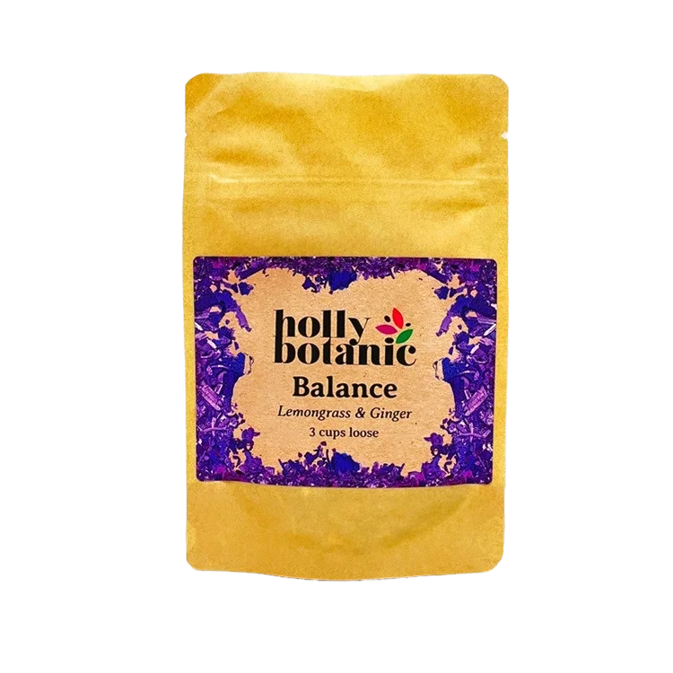 Balance tisane by Holly Botanic, lemongrass and ginger for stress and fatigue, 3 cup loose. Recyclable packaging.